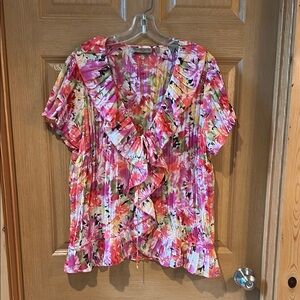Notations Pink and Orange Ruffled Short Sleeve Blouse